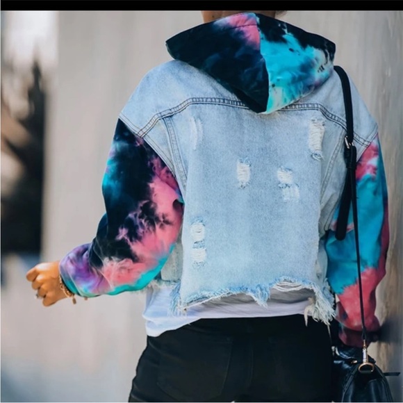Tie-Dye Sleeve Light Wash Denim Jacket with Detachable Hood - Blue/Pink - Picture 2 of 5